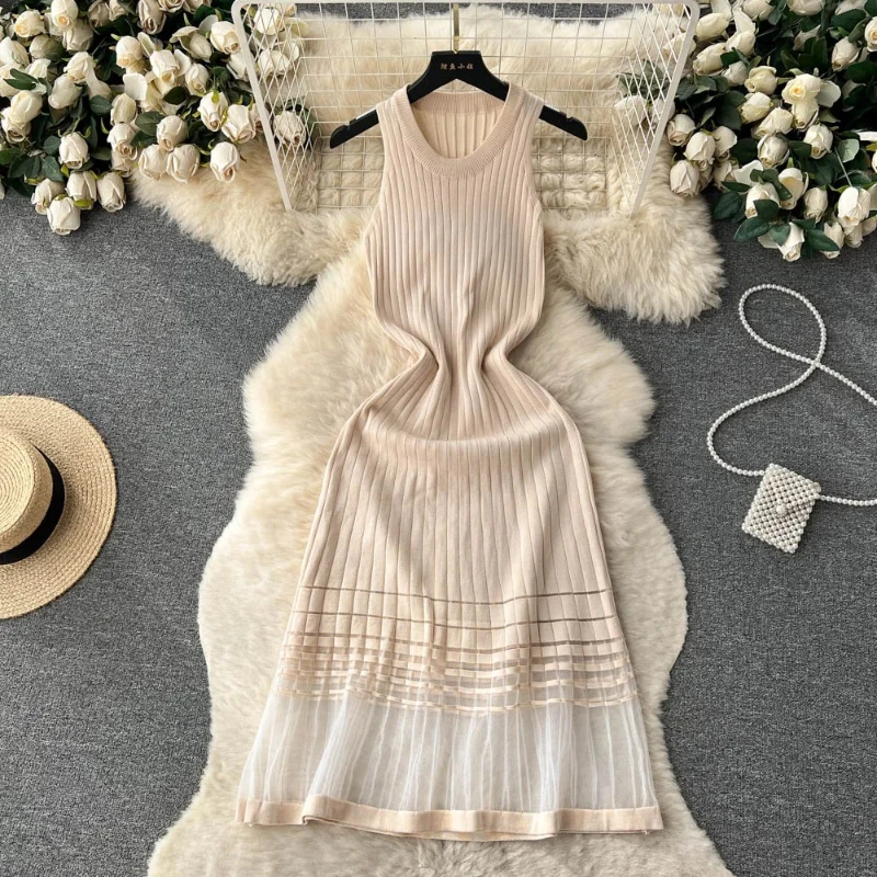Fashion Patchwork Knitted Long Sundress Women Sleeveless Mesh Elastic Bodycon Dress Streetwear A Line Midi Dress Fashion New