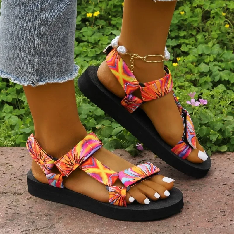 2024 Hot Sale Women\'s Shoes Plus Size Women\'s Sandals Fashion Printing Casual Sandals Women Summer Peep Toe Flat Sandals Zapatos