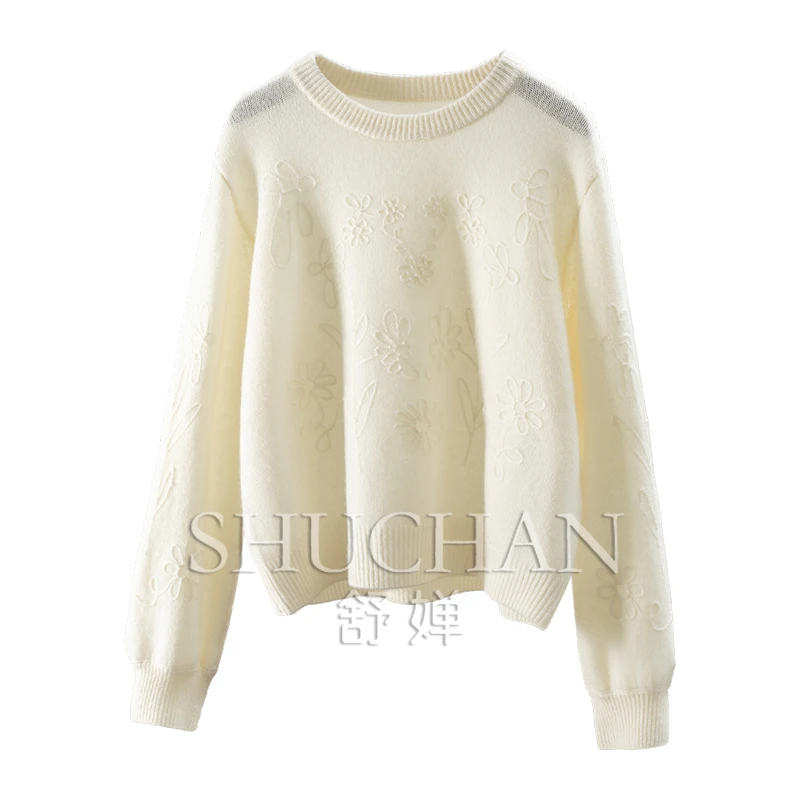 Soft Waxy Cashmere + Wool Three-dimensional Crochet Crew Neck Sweater Women 48E6 Long Sleeve Top