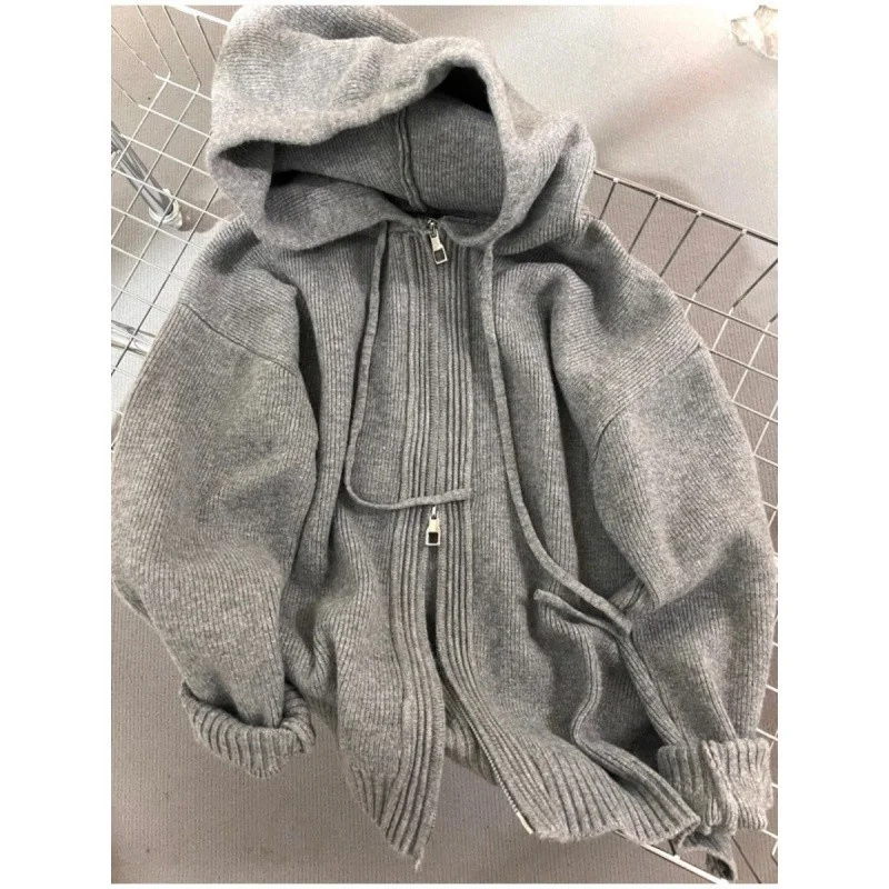 

2024 Autumn And Winter Solid Color Pleated Patchwork Long Sleeved Jacket Fashionable And Versatile Knitted Loose Women's Jacket