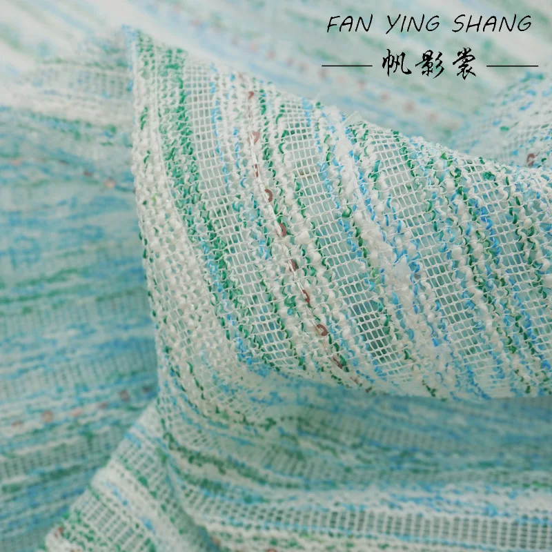 Fresh Style Blue Green Stripe Sequin Букле Bouclé Tweed Fabric Textured Woven Cloth For Coat Dress Designer Sewing Material Stof
