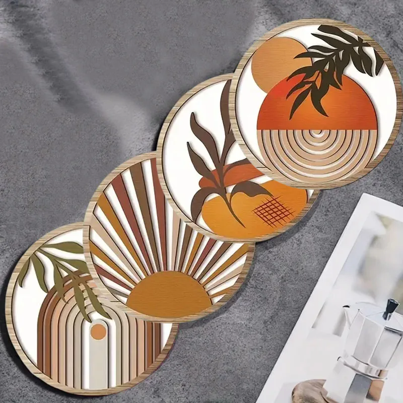 4 cartoon-patterned wooden anti-slip and heat-insulating coasters, New Year's gifts for the living room and kitchen
