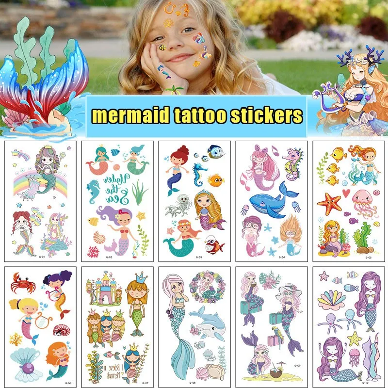 10 Pack Gefälschte Tattoo Aufkleber Cartoon Temporäre Tattoos Kinder Arm Tattoos Kinder Unterwasser Meerjungfrau Spaß Partei Tattoo Aufkleber