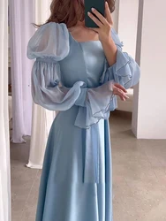 Lange Jurken Vrouwen Herfst Poff Mouw Vierkante Kraag Bandage Jurk Dames Franse Elegante Prinses Avond Feestjurk Vestidos