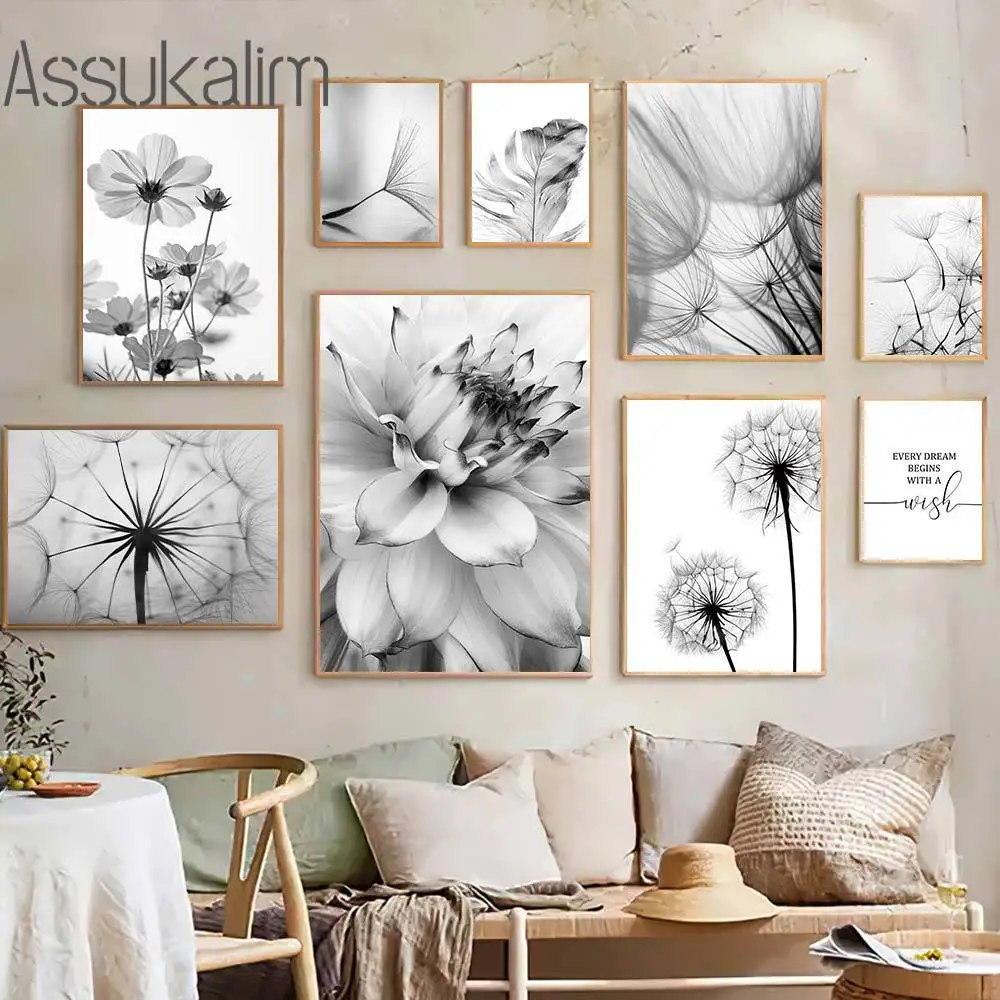 Vintage Art Prints Dandelion Print Pictures Abstract Flower Canvas Poster Black and White Painting Poster Living Room Decoration