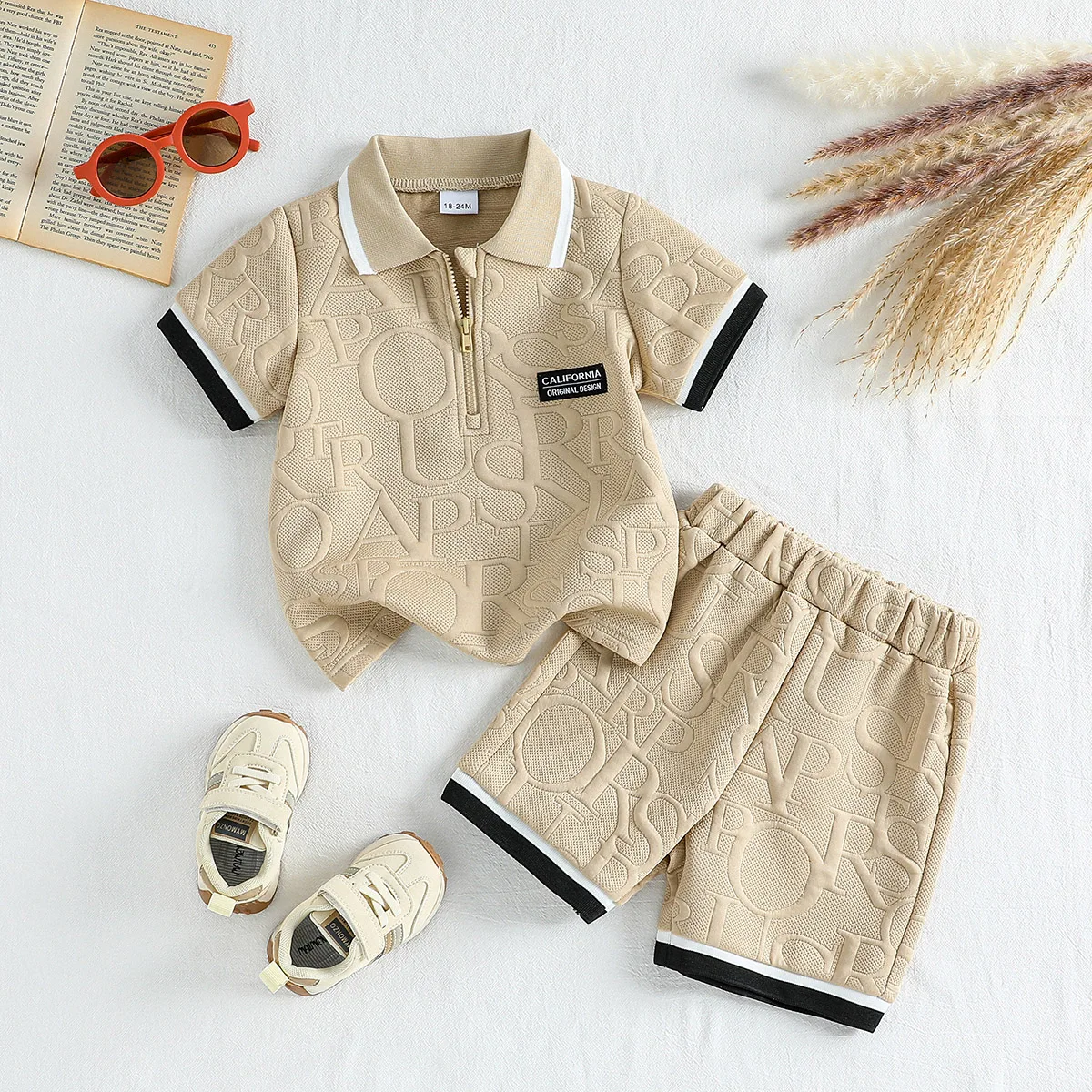 Summer Polo Collar Style Top + Shorts Two-Piece Set, Casual Street Style with Contrasting Color Design to Add a Sense of Fashion