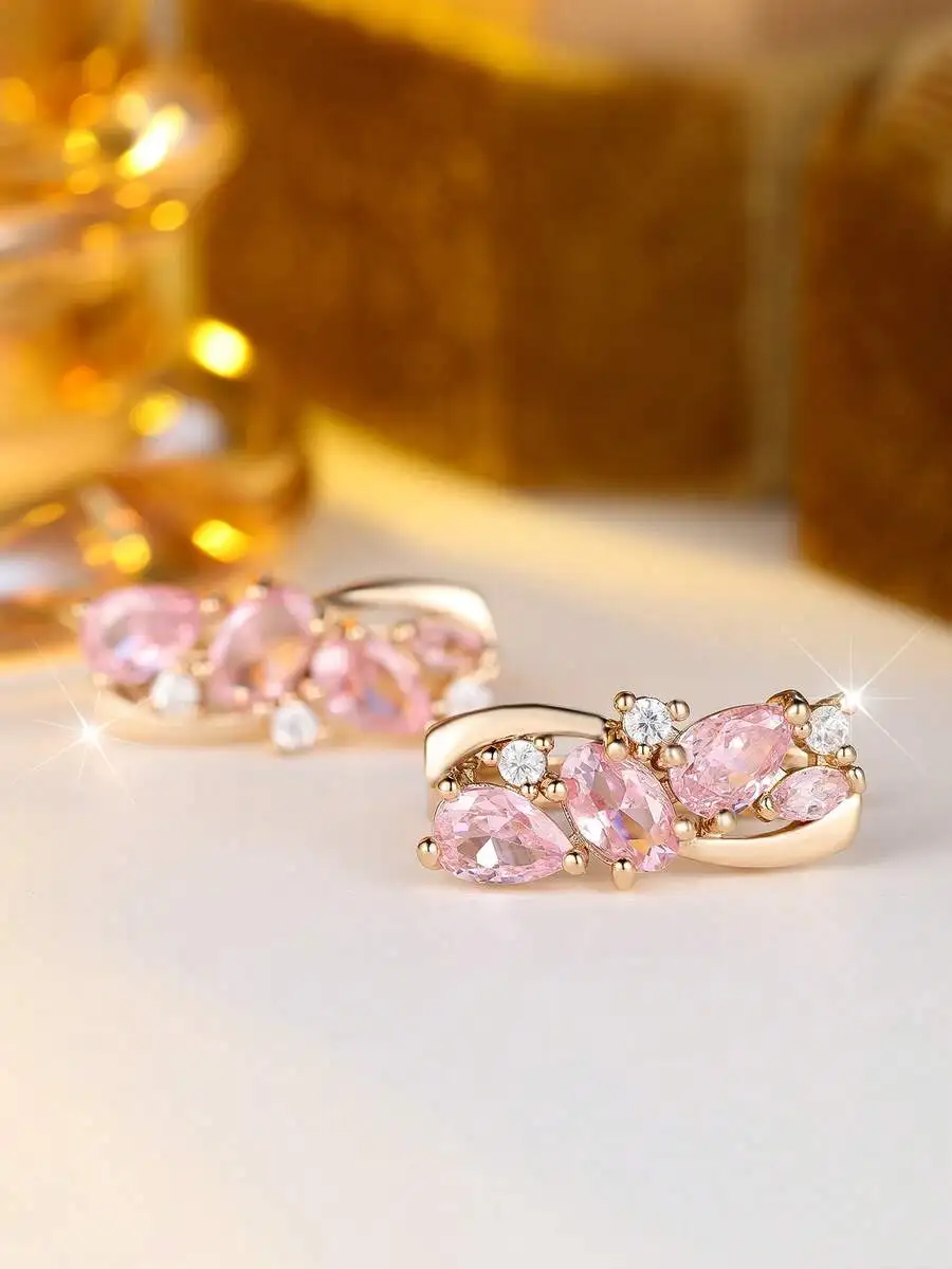 

Elegant Pink Zirconia Drop Earrings For Women, Party Wear Jewelry
