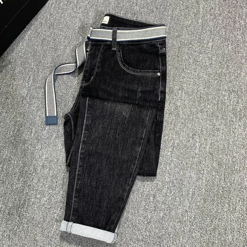 

2026, весенне-осенние утепленные популярные мягкие джинсы, мужские облегающие универсальные тонкие потертые черные брюки, джинсы для мужчин, одежда, уличная одежда