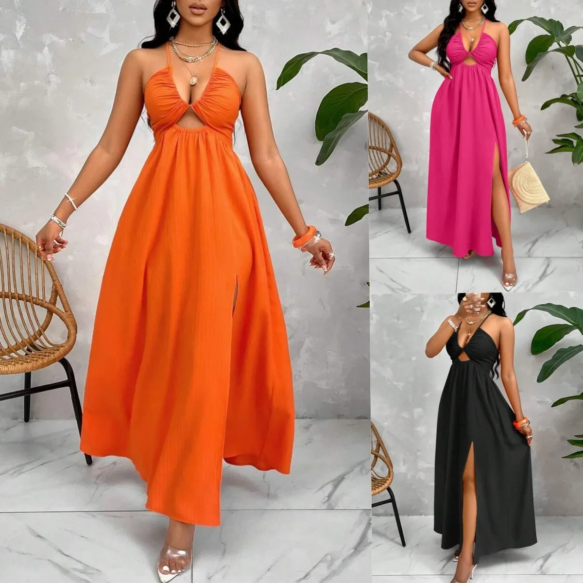 

Summer New Sexy Strapless V-neck Women Dress Loose Beach Vacation Style Female Split Strap Skirt