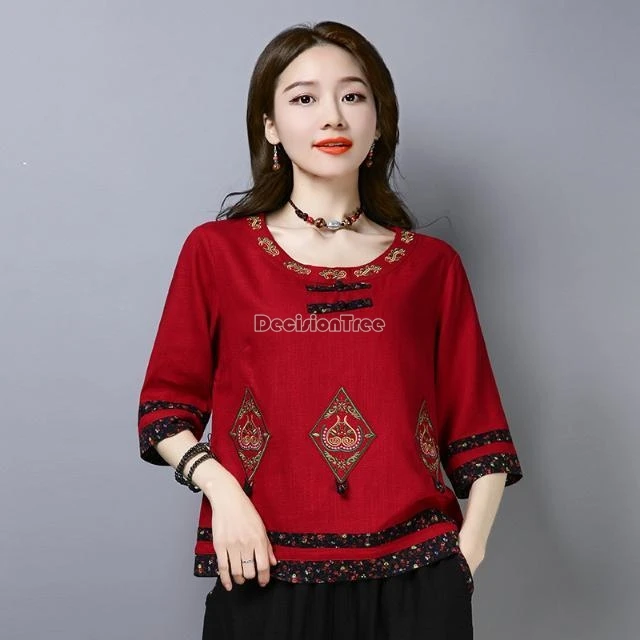 2025 chinese style women's spring summer new national style embroidered disc buckle loose cheongsam top retro cotton blouse b168 image 2