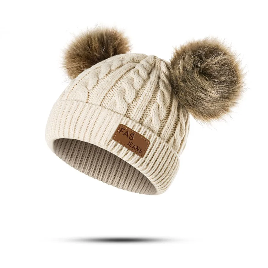 Cute Double Wool Pompom Baby Hat Children Cap Warm Autumn Winter Hats For Kids Boys Girls Knitted Warmer Beanie Caps Bonnet