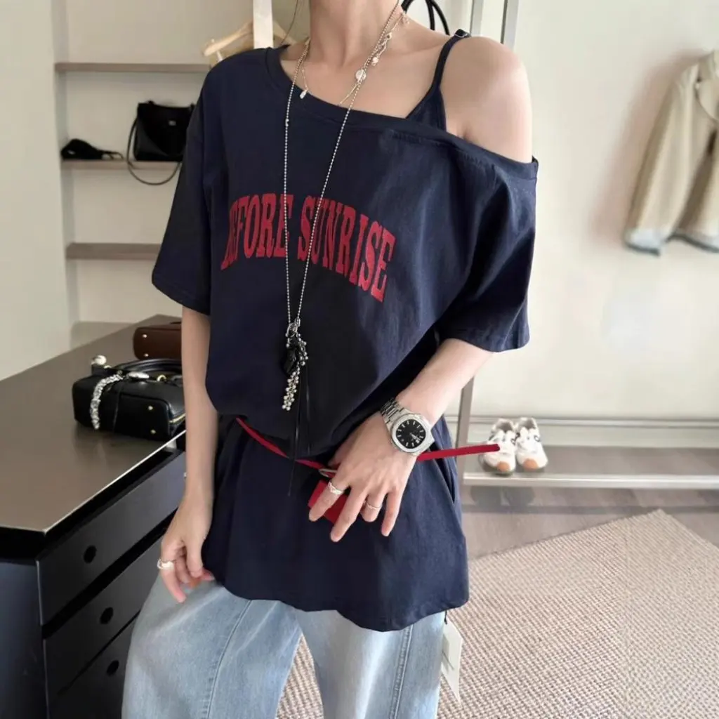 

Women's Slimming T-shirt Green Summer Fashion Design Letter Print Loose Fit with Belt All-match Slant Shoulder Four Seasons
