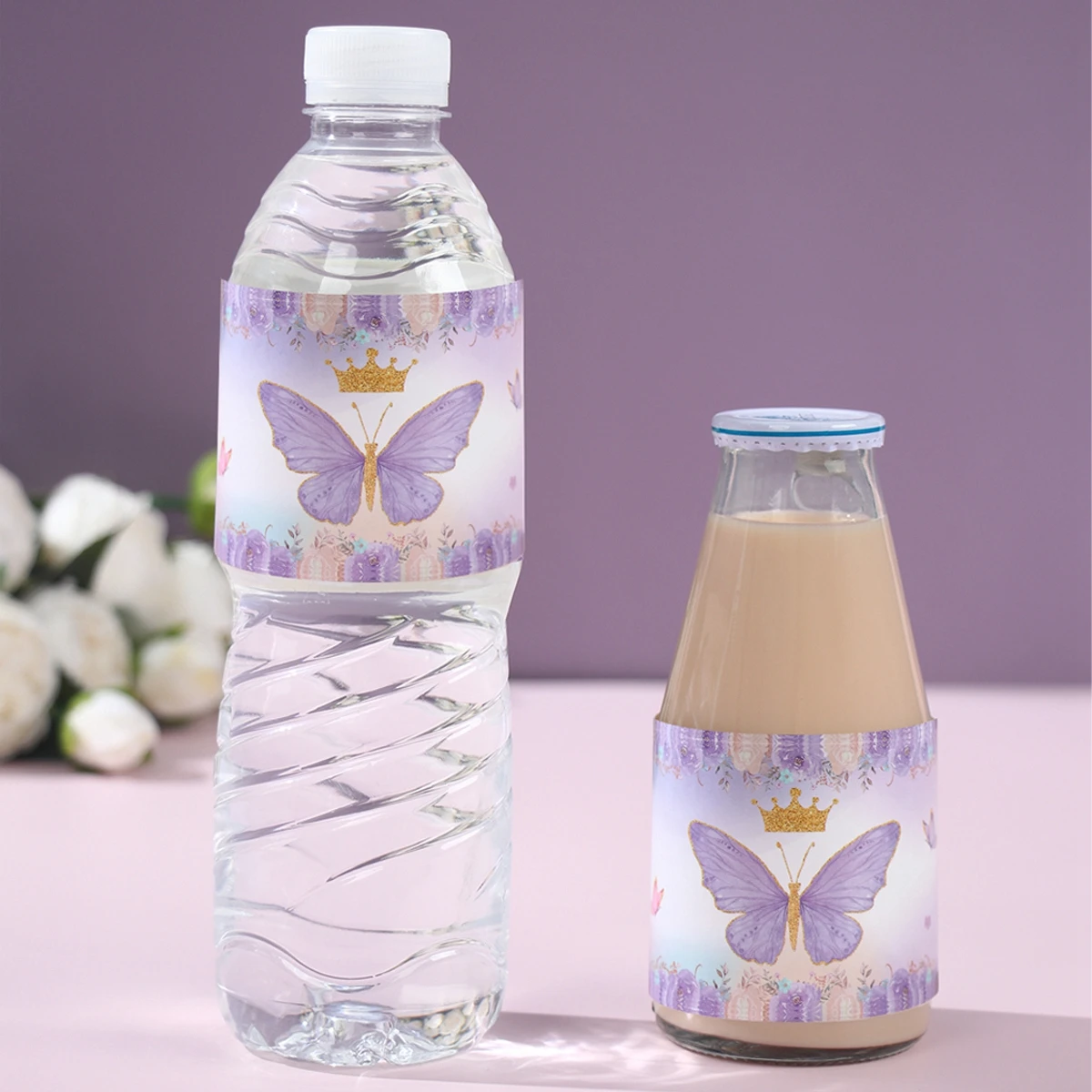 10pcs Pink Purple Butterfly Birthday Party Water Bottle Stickers Floral Bottle Labels Girl Happy Birhday Baptism Wedding Decor