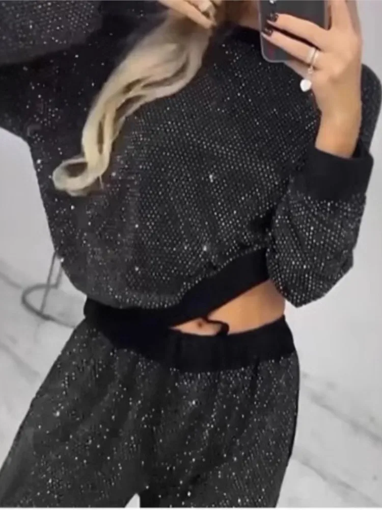 سيدة الموضة الترتر مجموعة طويلة الأكمام س الرقبة القمم عالية الخصر بنطال ذو قصة أرجل واسعة 2 قطعة مجموعات للنساء عطلة شارع العليا الملابس #2