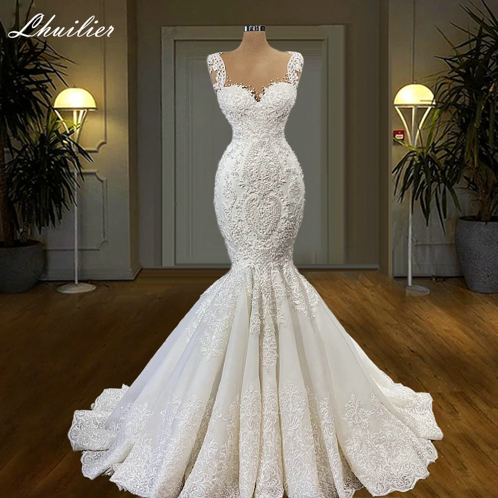 

Lhuilier Scoop Neck Mermaid Lace Appliques Wedding Dresses 2023 Sleeveless Pearls Beaded Bridal Dress with Court Train