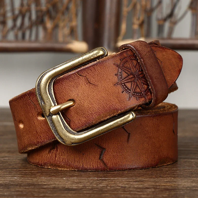 3.8CM Men High Quality Genuine Leather Belt Luxury Designer Copper Buckle Engrave Belts Pure Cowskin Strap Male Jeans for Man