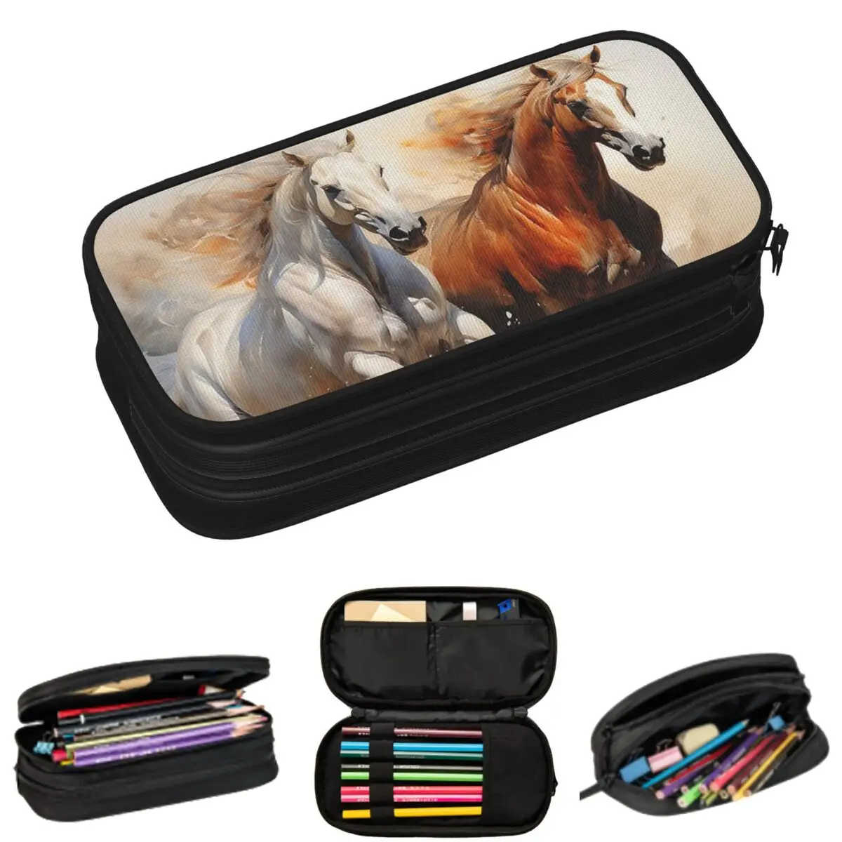 

Running Horse And Equestrian Pencil Cases for Students School Pen Box Pencil Bag Large Capacity Pencil Pouch