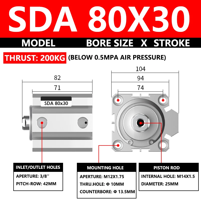 ABILKEEN SDA80X30 SDA Series Thin Air Cylinder 80MM Female Thread Bore X 30MM Stroke Double Acting Pneumatic Compact Cylinder