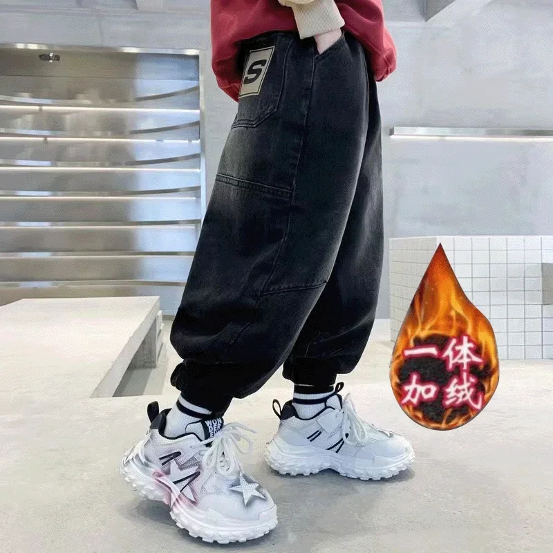 2024  New Jeans For Boys Child  Fashion Korean Style Teenager Trousers Autumn And Winter Thick Warm Kids Jeans Child Long Pants