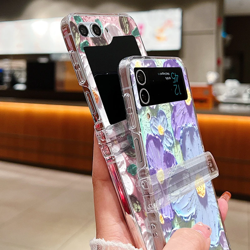 Прозрачный складной чехол с рельефным цветком для Samsung Galaxy Z Flip5 Flip4 Flip6, жесткий прозрачный чехол для телефона Samsung Z Flip 6 5 4 3