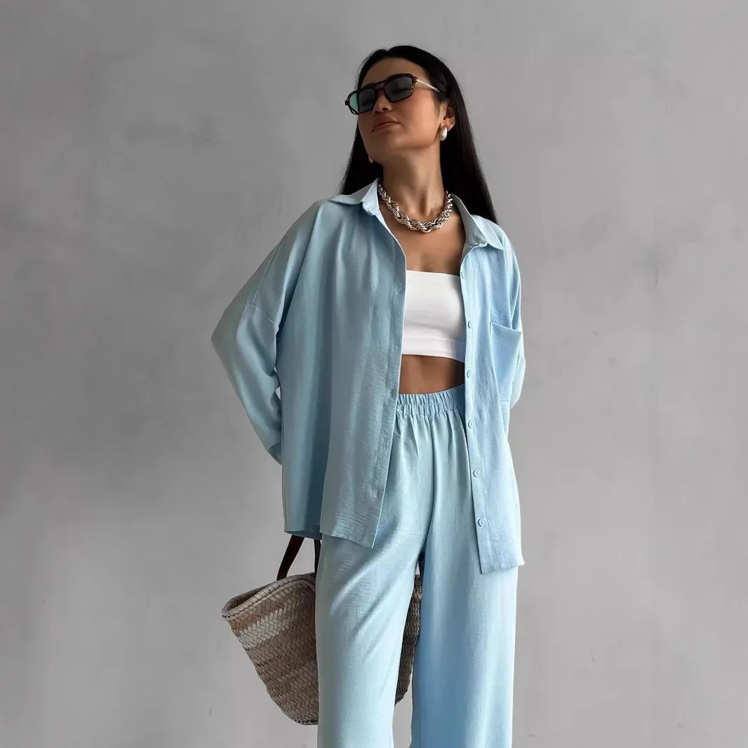 Комплекты брюк из двух предметов, повседневные офисные женские однотонные рубашки с длинными рукавами, прямые длинные брючные костюмы с карманами, весна-лето 2023 г.