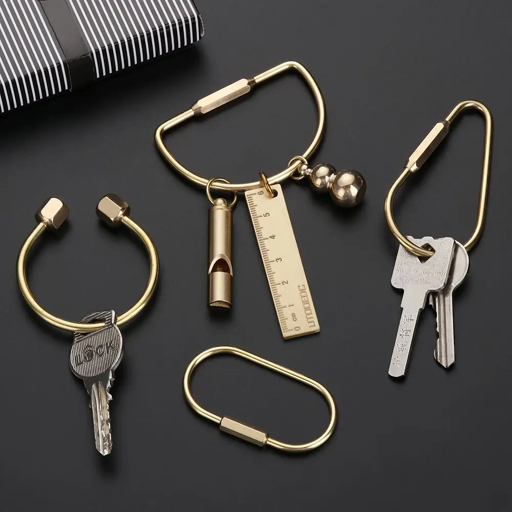 7 Styles Vintage Brass Keychain Portable Unique DIY Craft Tools Whistle Ruler Key Ring Pendant Creative Jewelry Accessories