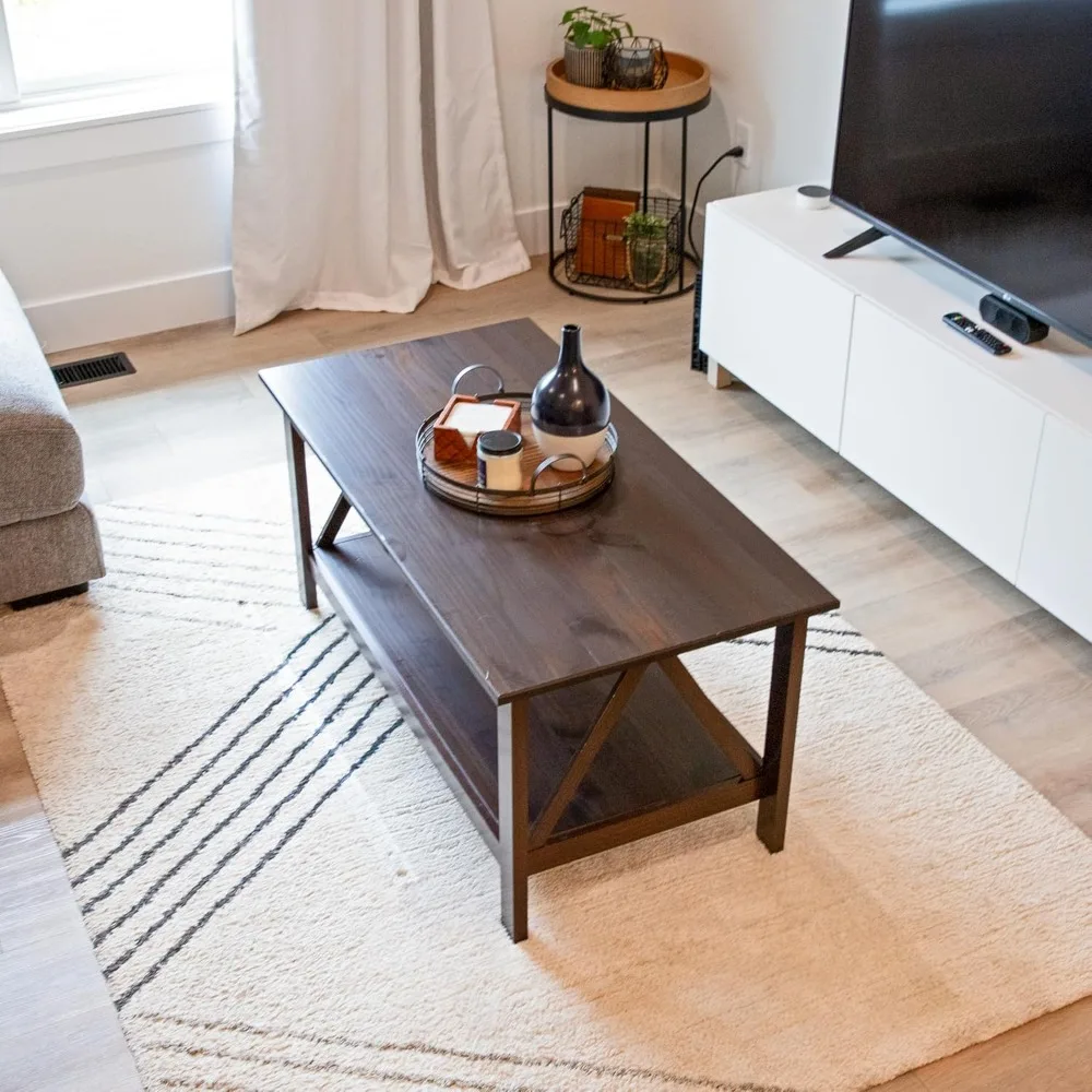 Dark Wood Coffee Table with Storage Shelf - Indoor Solid Pine Wood Center Table for Living Room - Dark Brown - 43.5 W