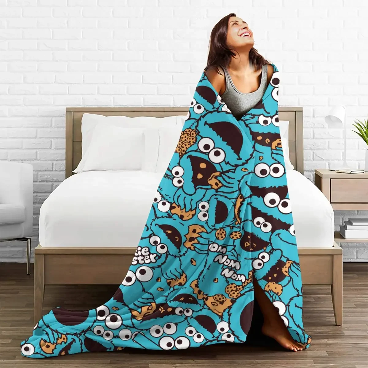 Cookie Monster Nom Nom Nom Pattern Blankets Coral Fleece Plush Summer Multifunction Warm Throw Blanket for Sofa Travel Quilt