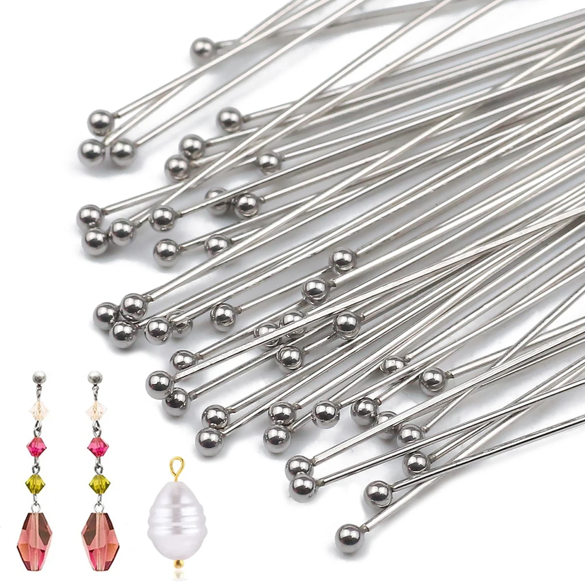 100pcs/Lot 3 Styles 20-70mm stainless steel Eye Pins Ball Head Pins For Earring Bracelet Pendant For Jewelry Findings Making DIY