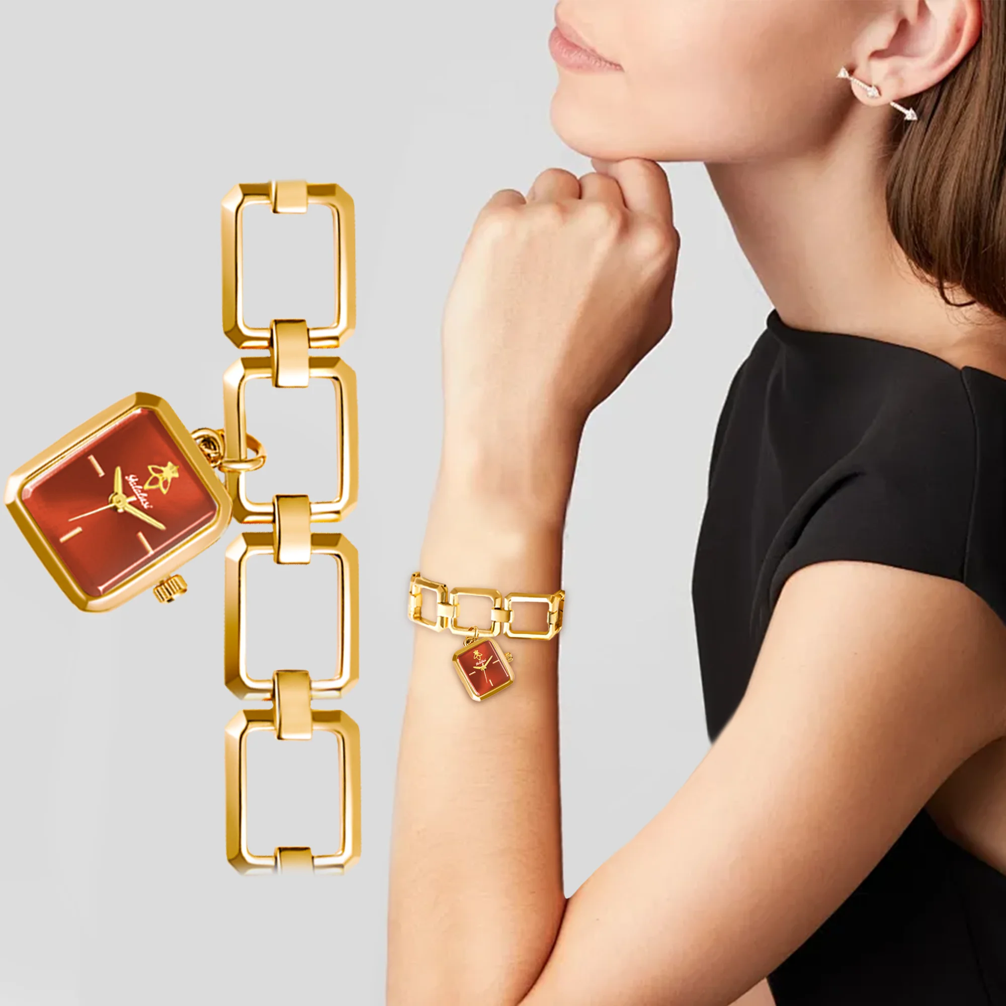 

YaLaLuSi Vintage Minimal Ladies Watch Gloss Wine Red Square Dial Hollow Oversized Square Loop Chain Bracelet Elegant Office Quartz Wristwatch For Women