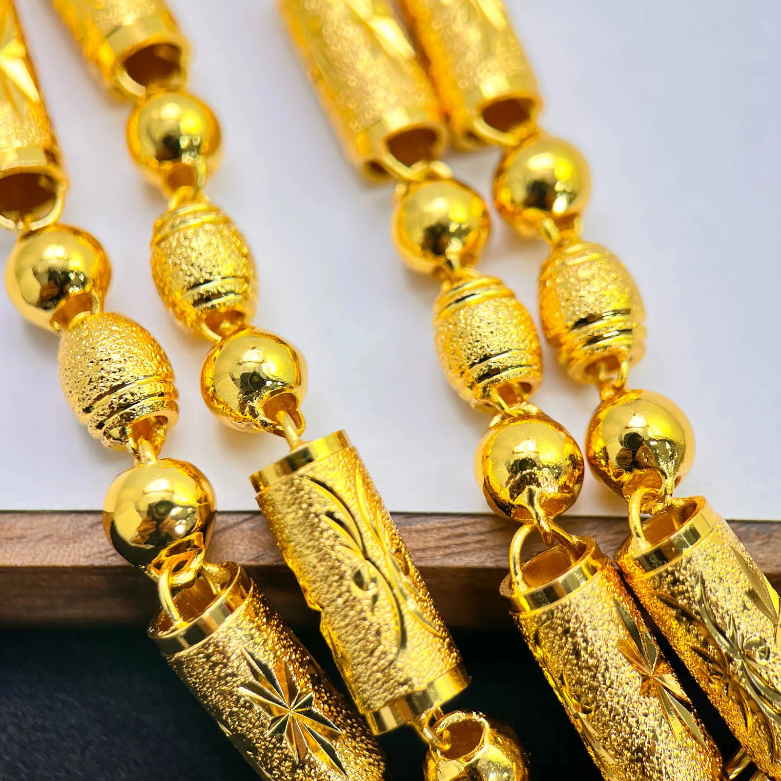 Fylia Jewelry   Popular 9999 necklace  24K genuine and fake cylindrical olive beads family portrait 8N chain hollow cylindrical
