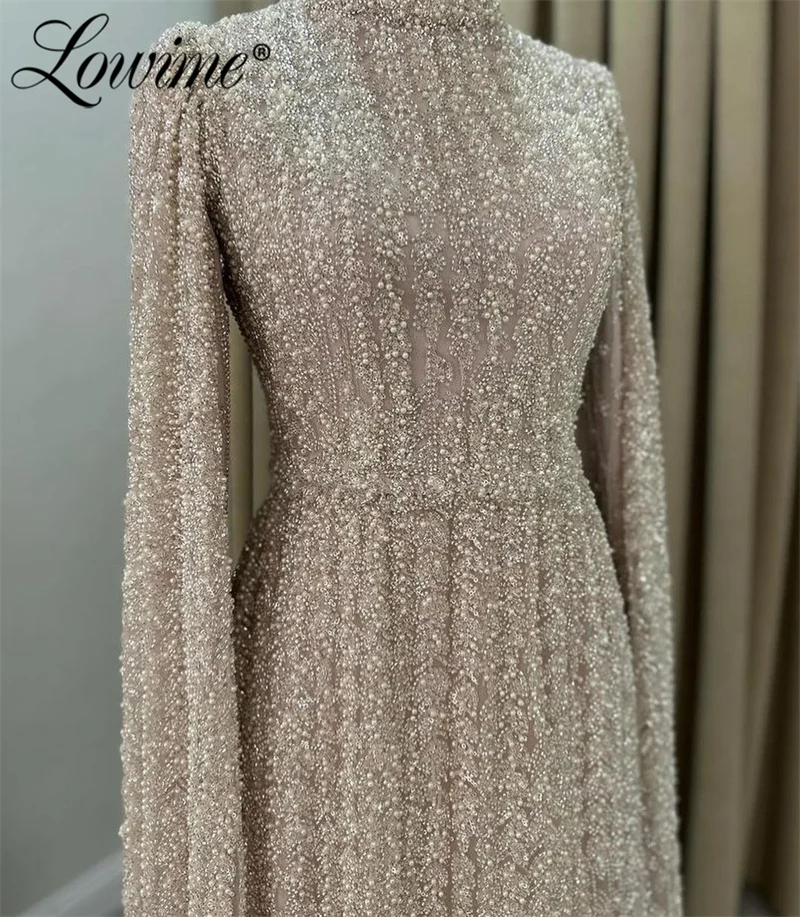 Heavy Beaded Middle East Muslim Formal Evening Dresses Customized Pink Long Sleeves Wedding Party Dress Arabic Dubai Prom Gowns