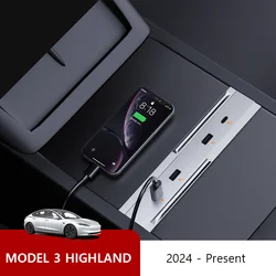 For Tesla Model 3 Highland 2024 65W Expansion Dock Central Control Charging Shunt USB HUB Accessories Extender Fast Intelligent