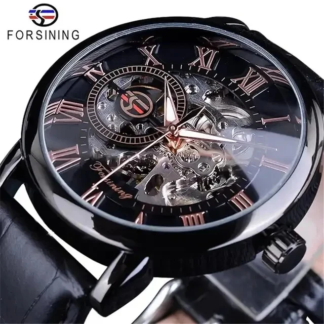 FORSINING 99A Mechanical Watch Automatic Luxury Fashion Business Elegant Luminous Black Leather Strap Wristwatches for Men