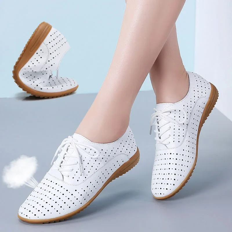 Spring Oxford Shoes Ballerina Flats Genuine Leather Moccasins Lace Up Loafers White Zapatos De Mujer Sneakers Tenis De Moda Traf