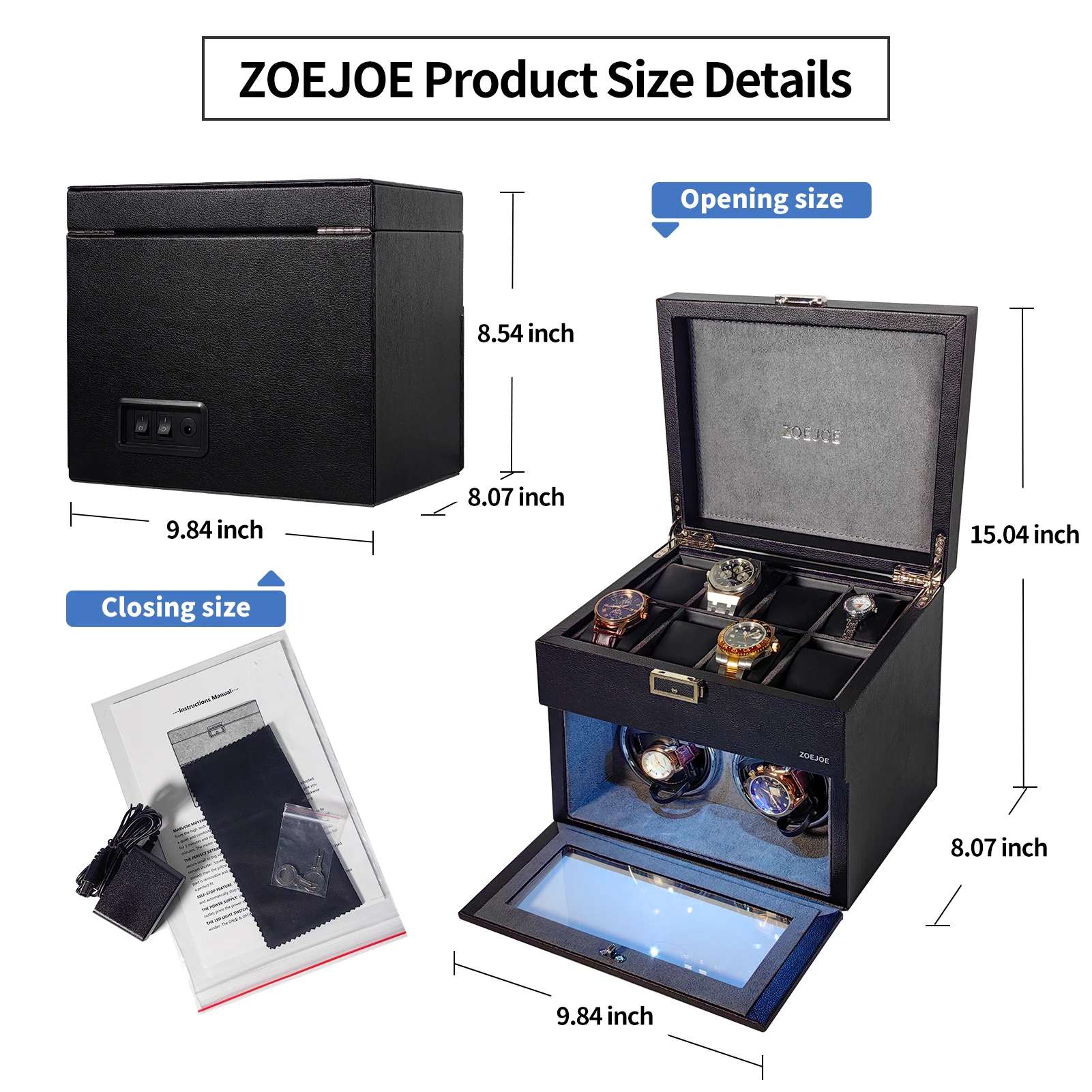 Remontoir de montre automatique avec boîte d'affichage de montre, moteur silencieux, 4 Modes d'alimentation par câble USB, lumière d'ambiance LED, remontoir de montre pour amis