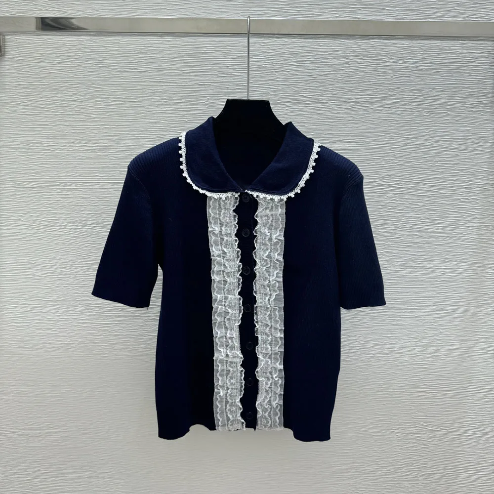 

High-quality 2026 summer new style women's fashionable short-sleeved single-button blouse with lace trim decoration xy265021215