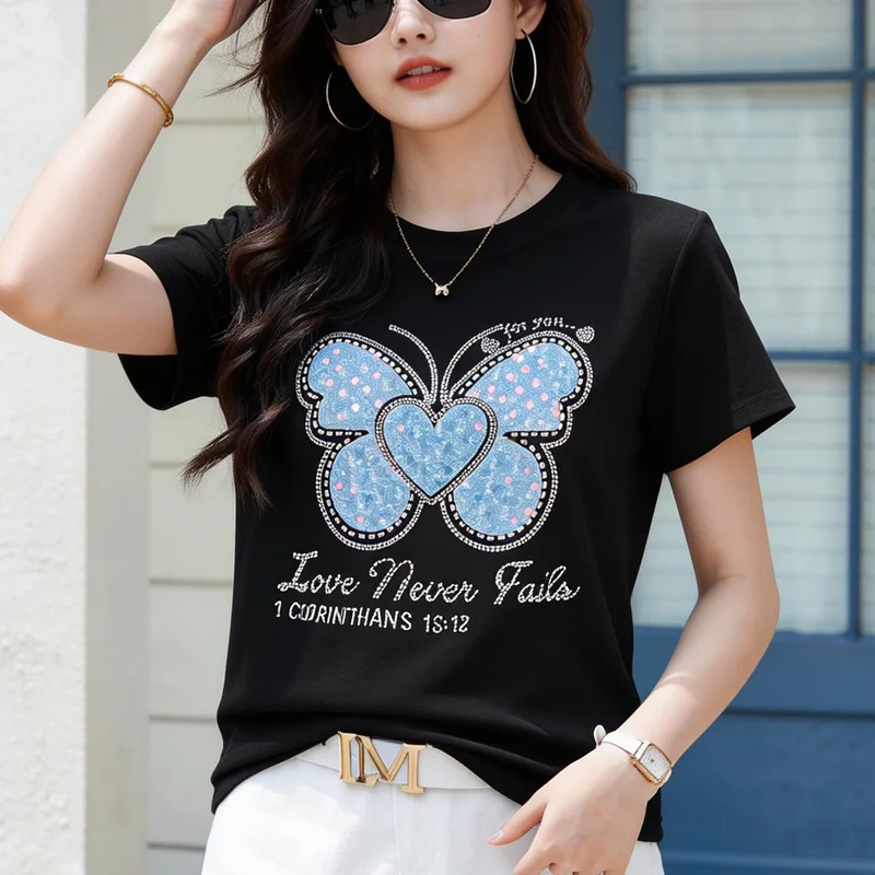 Summer Women's New Loose Short Sleeved T-shirt Woman Fashion Butterfly Diamonds Tees Design Round Neck Cotton Female Top