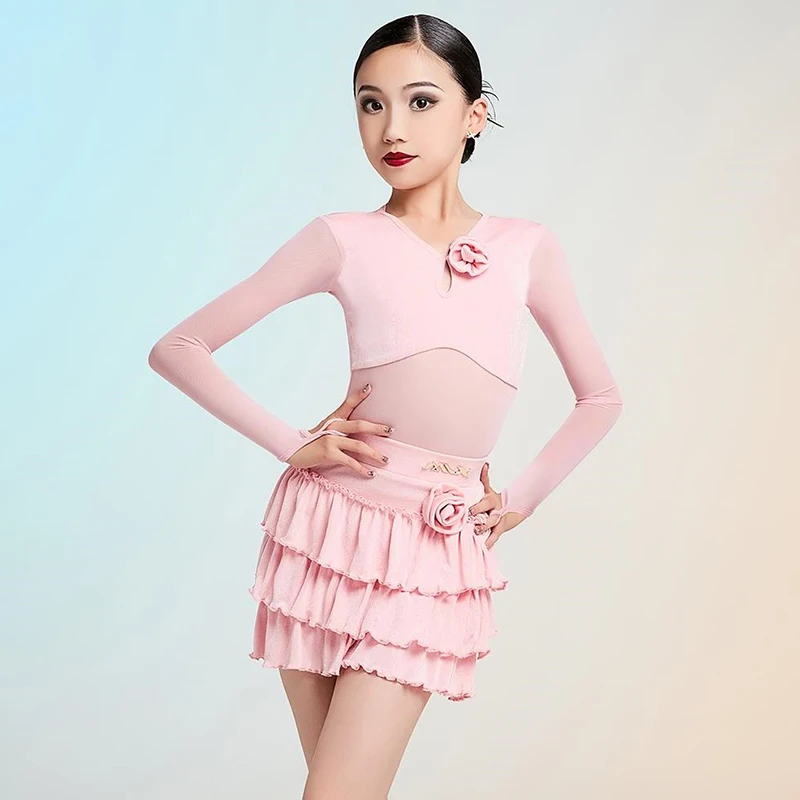 

3 Colors Latin Dance Girls Costume Long Sleeve Bodysuit Training Skirt Cha Cha Samba Stage Wear Kids Latin Dance Wear Pink 1237