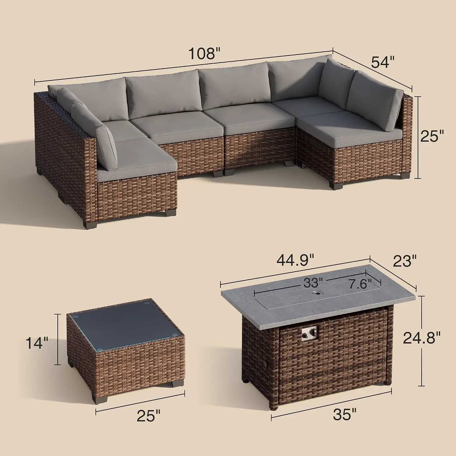 8-Piece All-Weather Wicker Outdoor Patio Sectional Sofa Set with 44.9