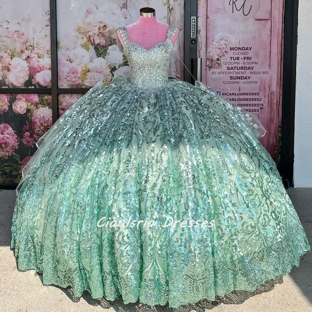 

Mint Green Sequined Lace Quinceanera Dresses Ball Gown Off The Shoulder Bow Back Corset Sweet 16 Vestido De XV Años