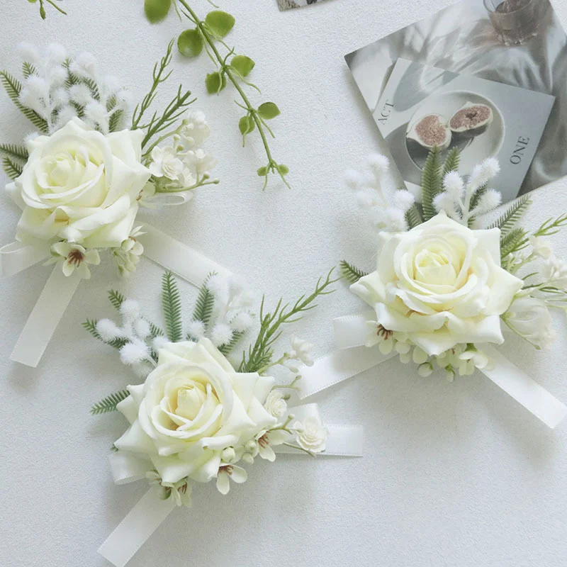 

Boutonniere And Wrist Corsage Wedding Floral Forest Artificial Flower Business Celebration Guest Wedding Supplies Cream Color