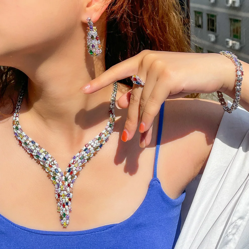 CWWZircons Heavy Cubic Zircon Stone Work Multicolor Big Necklace Arabic Dubai Bridal Jewelry Set Luxury Wedding Accessories T666