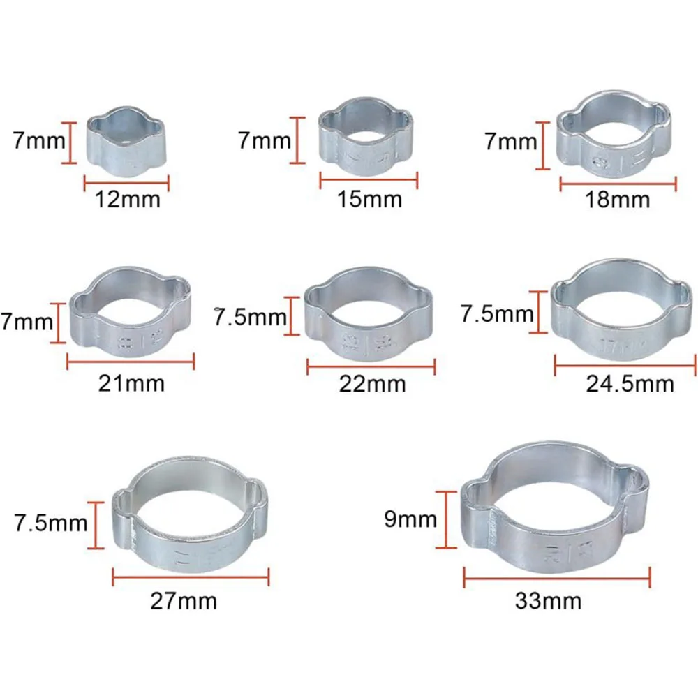 140pcs Double Ear Hose Clamp Assortment - Wide Adjustable 5-23mm Zinc-Plated Steel Double Ear Hose Clamps