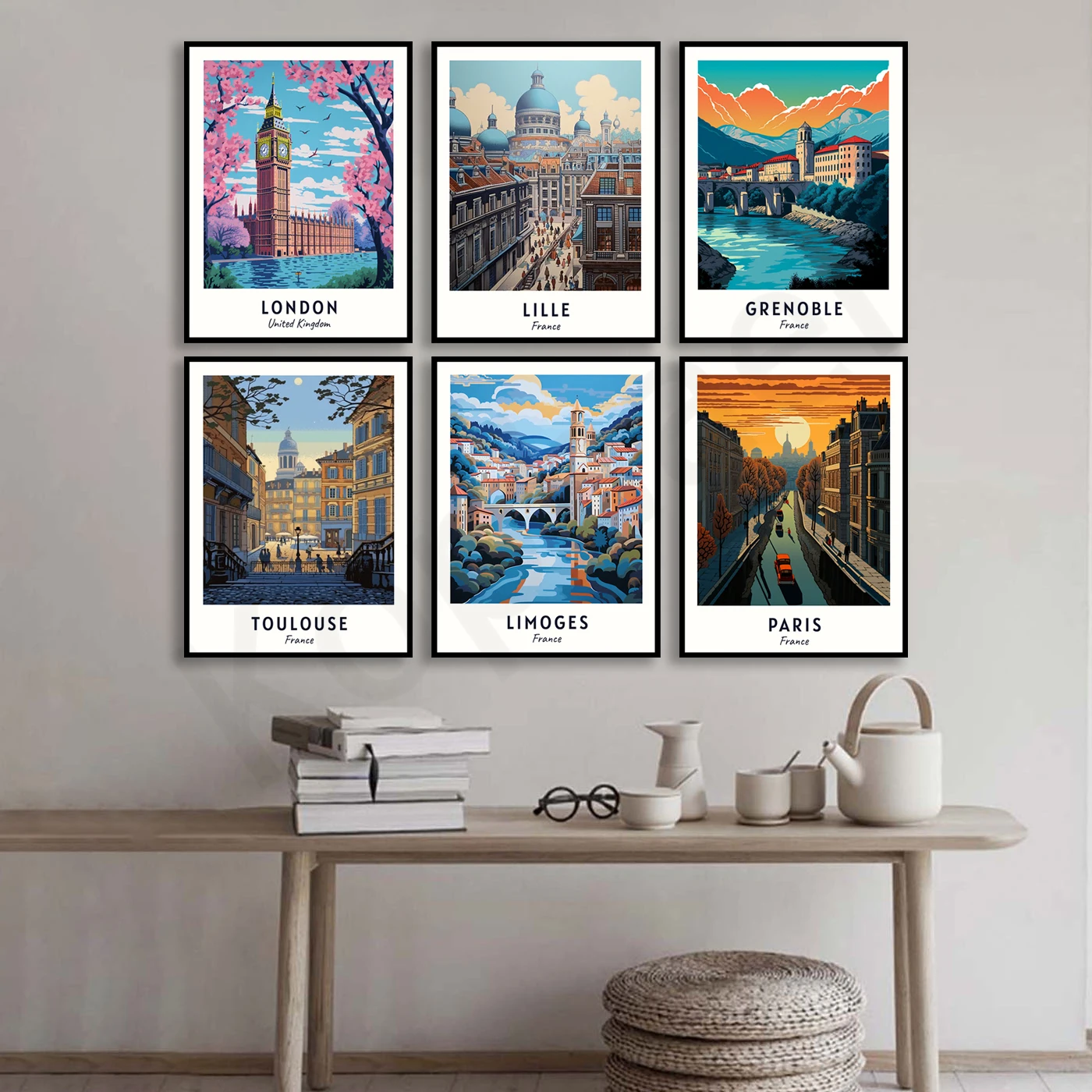 Paris Angers Strasbourg Limoges Toulon Toulouse Lille Grenoble Le Havre London Norwich. City Travel Landscape Poster