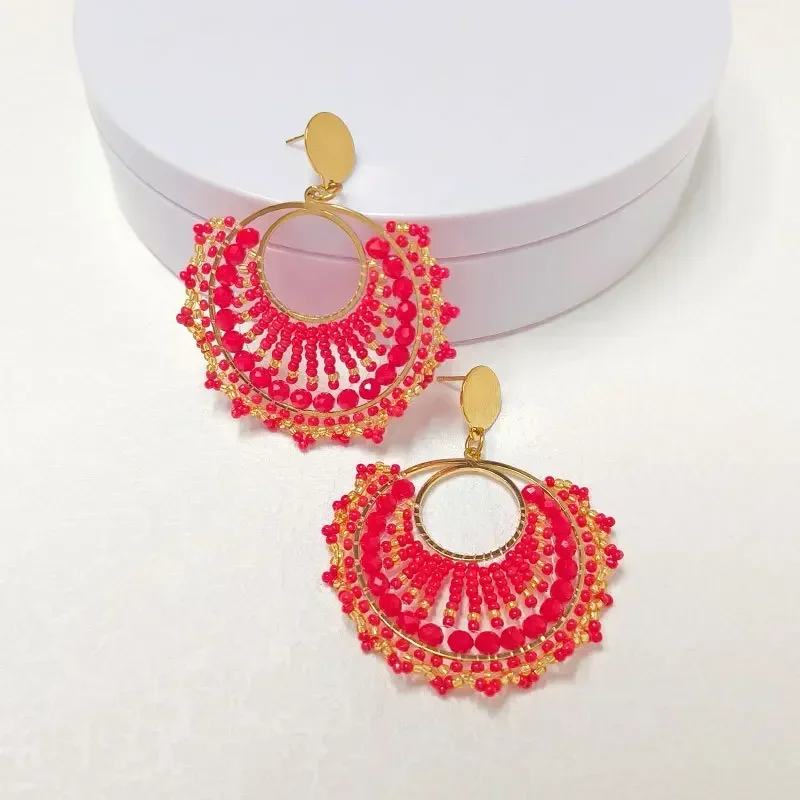 ZGMXR Double-Deck Bohemia Fashion Earrings Red Circle Crystal Hollow out Knitted Simple Female Beaded Jewelry
