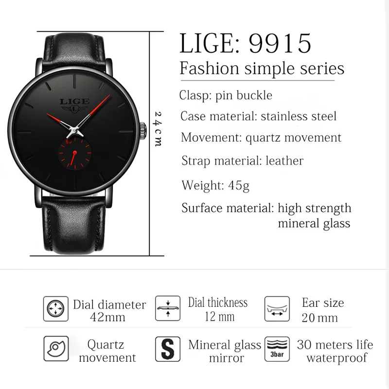 LIGE 2023 Fashion Mens Watches Top Brand Luxury Quartz Watch Men Casual Genuine Leather Waterproof Sport Watch Relogio Masculino