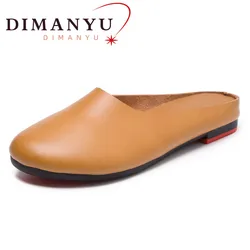Women Slippers 2026 Spring New Genuine Leather Women Shoes big Size 41 42 43 Flat Casual Summer Half Slippers Women