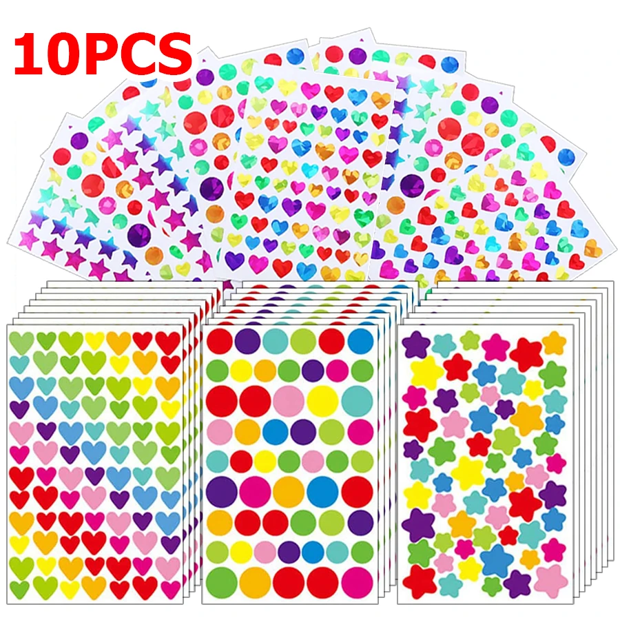 10 Sheets Colorful Self-adhesive Diary Graffiti Stickers Student Notebook Decoration Heart Star Dot Sticker for Scrapbook Album