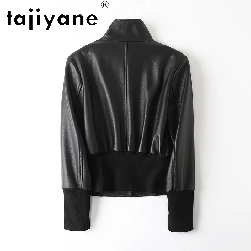 TAJIYANE Vintage Sheepskin Genuine Leather Black Jacket Woman Coat Loose Elastic Waist Overcoat Slim Fit Cropped Outerwear Black